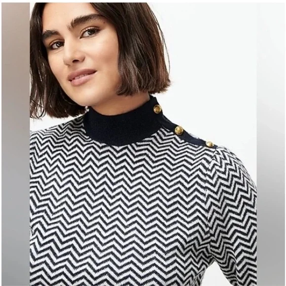 J.Crew Button-Detail Mockneck Sweater in Herringbone - Grey / White NWT - Picture 3 of 7